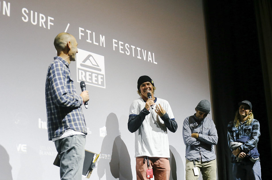 Chris Nelson interviews big wave surfer Albee Layer on stage at London Surf Film Festival for Approaching Lines - film, editorial, books, events.